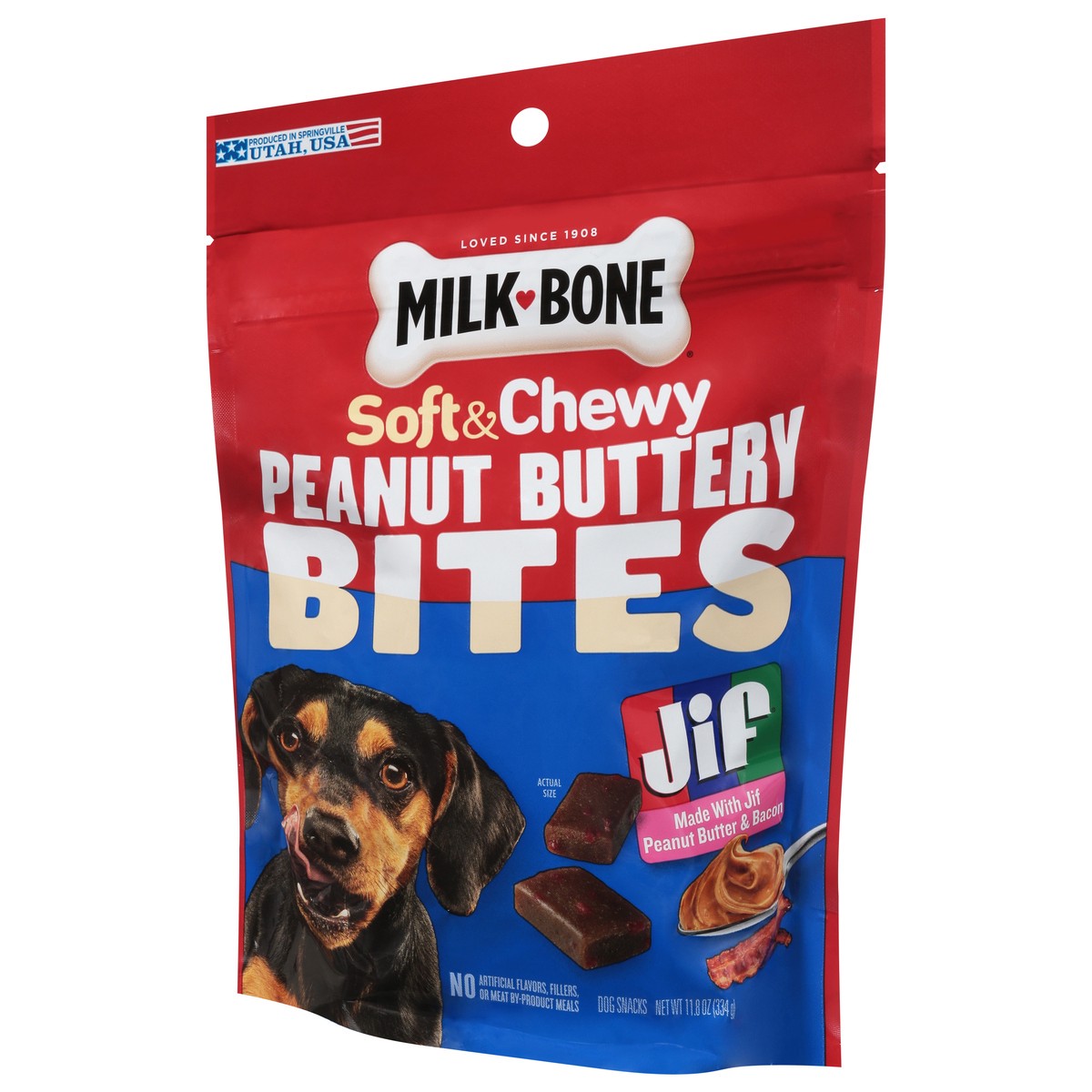 slide 2 of 16, Milkbone Jif Peanut Buttery Soft & Chewy Peanut Butter & Bacon Bites 11.8 Ounce, 11.8 oz