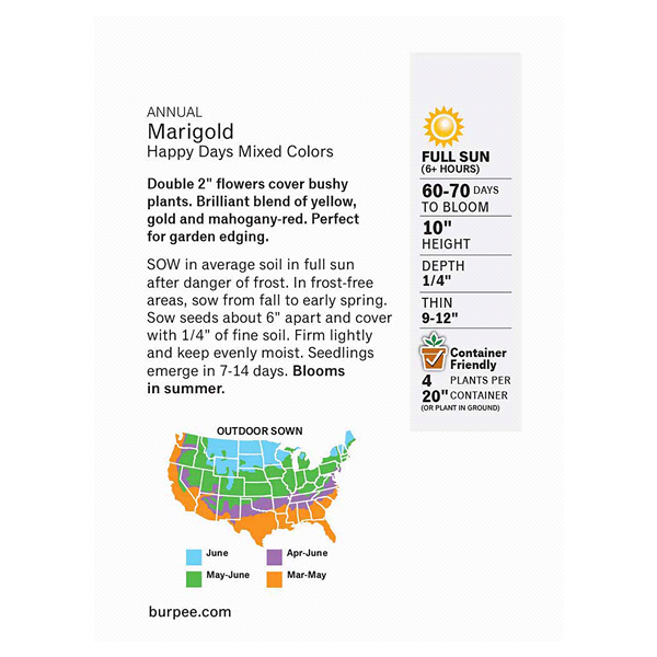 slide 4 of 5, Burpee Marigold Happy Days Mix Seeds - Multi-Color, 162 mg