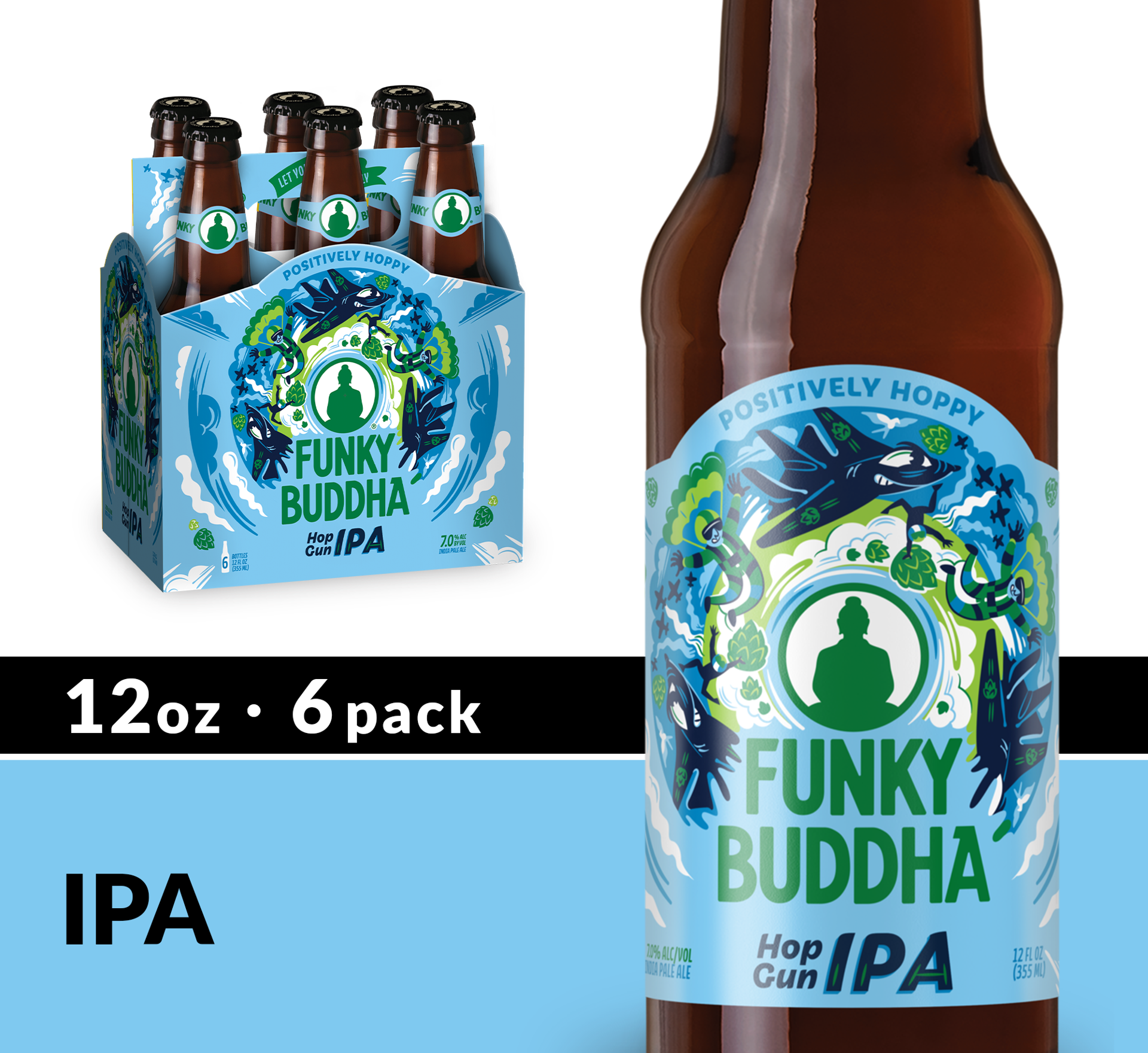 slide 3 of 3, Funky Buddha Hop Gun IPA Craft Beer, 6 pk 12 fl oz Bottles, 7.0% ABV, 6 ct; 12 fl oz