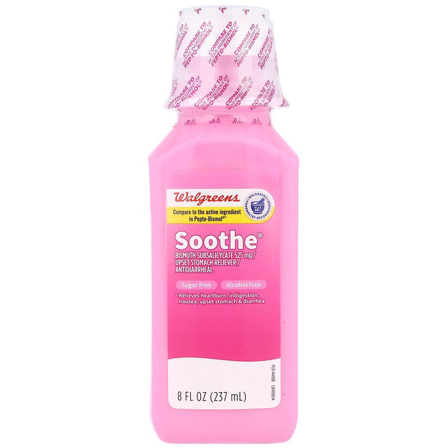 slide 1 of 5, Walgreens Soothe Upset Stomach Reliever/Antidiarrheal Liquid, 8 fl oz