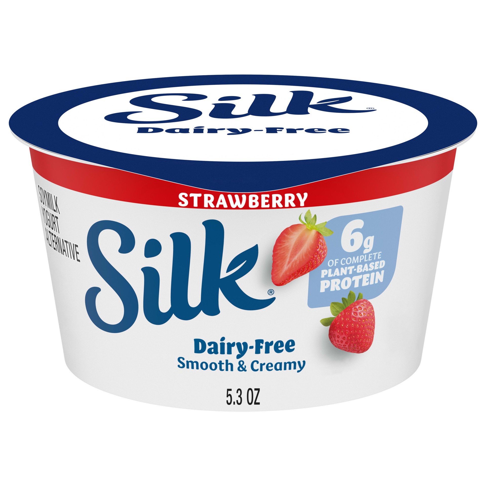 slide 1 of 5, Silk Strawberry Dairy Free, Soy Milk Yogurt Alternative, Smooth and Creamy Plant Based Yogurt with 6 Grams of Protein Per Serving, 5.3 OZ Container, 5.3 oz