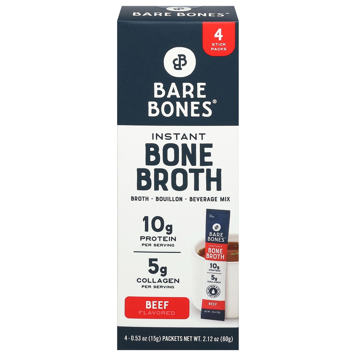 slide 1 of 14, Bare Bones Instant Beef Flavored Bone Broth 4 - 0.53 oz Packets, 4 ct