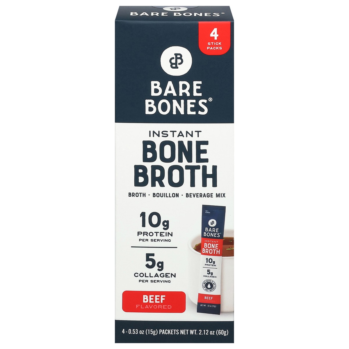slide 1 of 14, Bare Bones Instant Beef Flavored Bone Broth 4 - 0.53 oz Packets, 4 ct