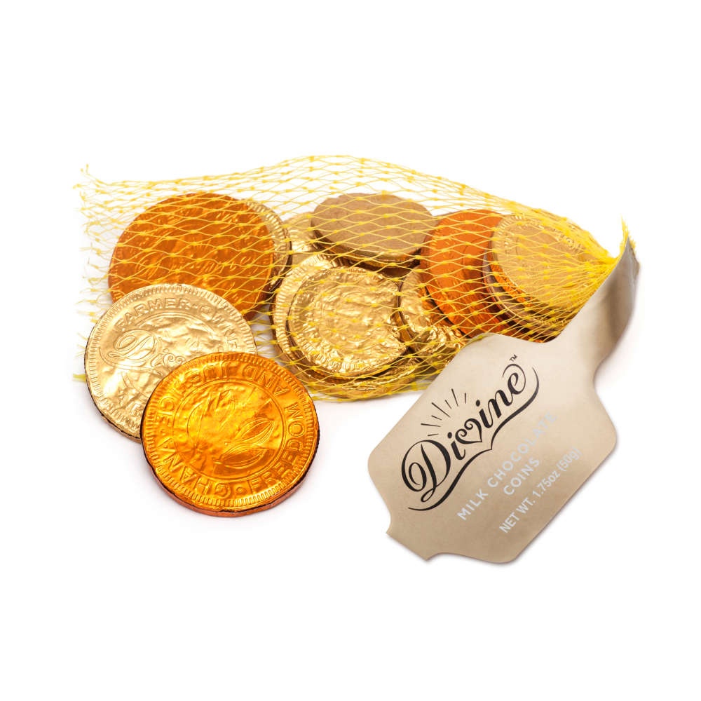 slide 1 of 1, Divine Milk Chocolate Gold Coins, 1.75 oz