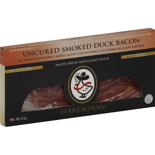 slide 1 of 1, D'Artagnan Uncured Smoked Duck Bacon, 8 oz