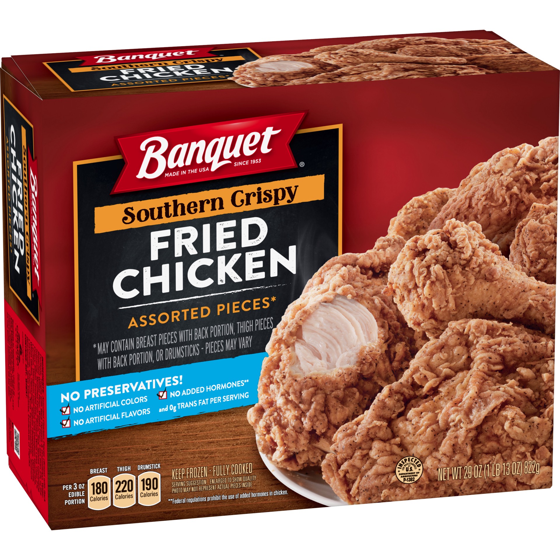 slide 3 of 5, Banquet Frozen Meal, Southern Crispy Fried Chicken Tender Bone-In Chicken Assorted Pieces* 29 oz., 29 oz