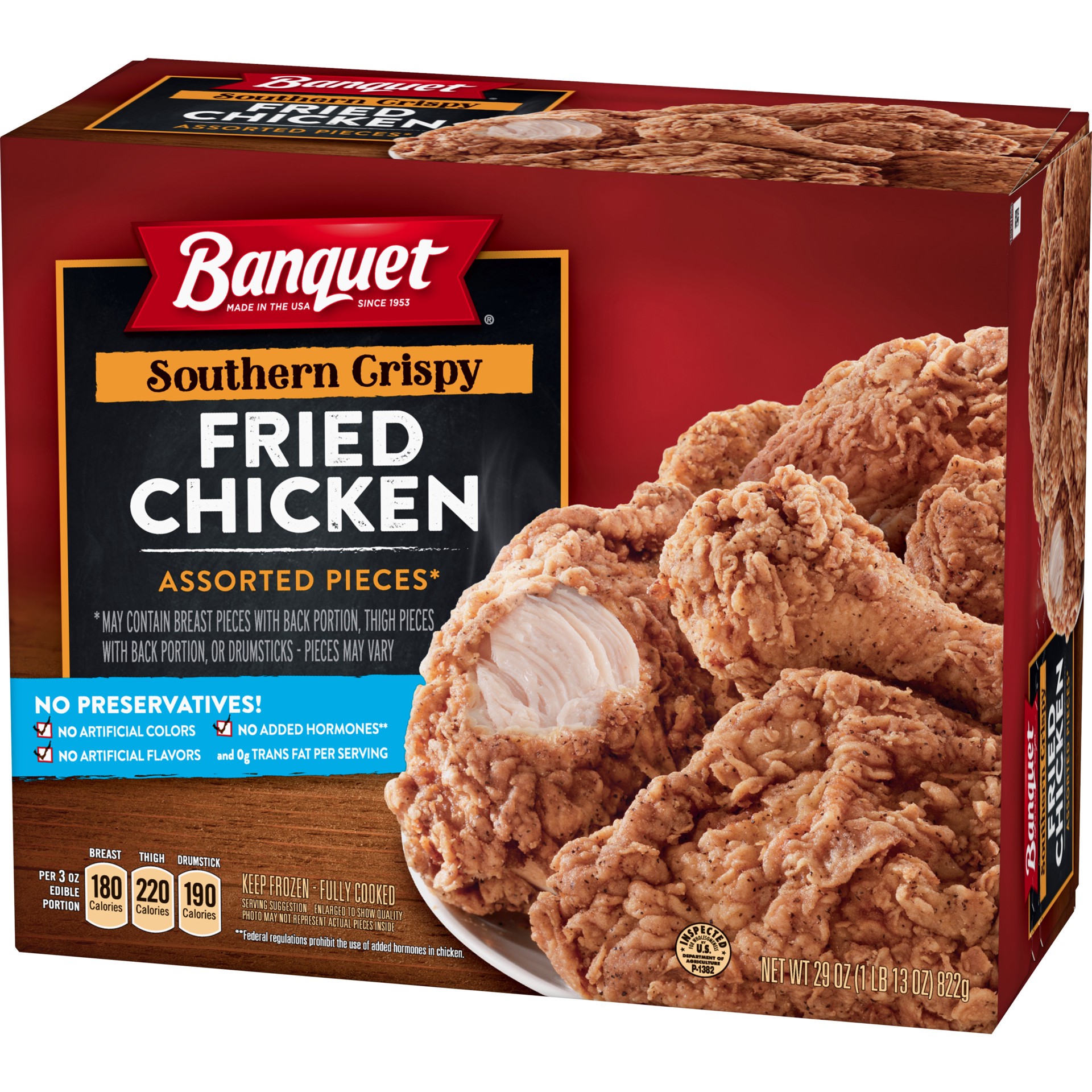 slide 4 of 5, Banquet Frozen Meal, Southern Crispy Fried Chicken Tender Bone-In Chicken Assorted Pieces* 29 oz., 29 oz