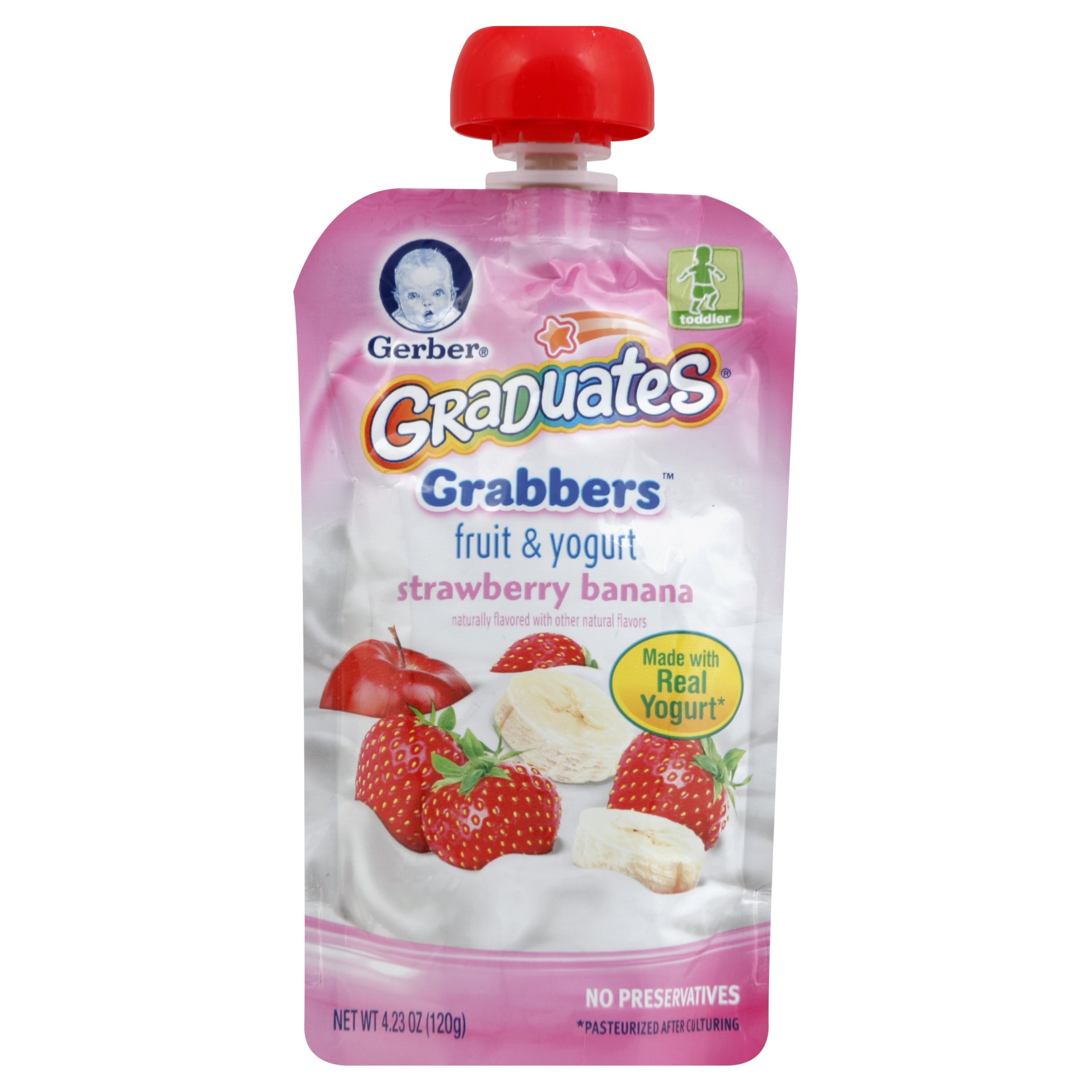 slide 1 of 2, Gerber Grabbers Fruit Squeezable Puree Pouch Apple Strawberry Banana, 4.23 oz