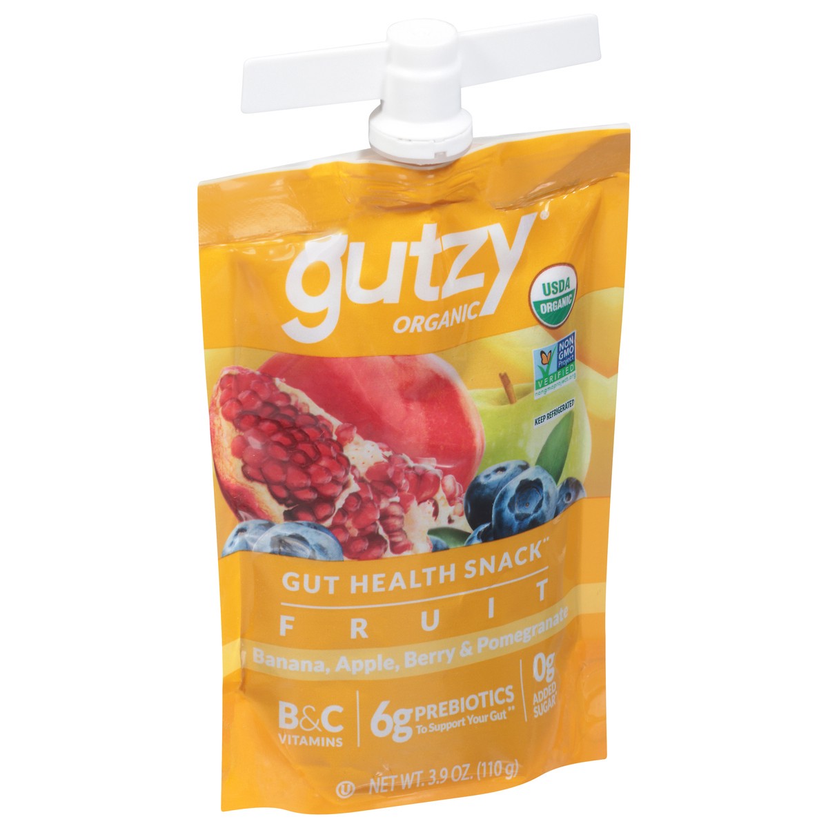 slide 2 of 12, Gutzy Organic Prebiotic Fiber Snack Banana, Apple, Berry and Pomegranate, 3.9 oz, 3.9 oz