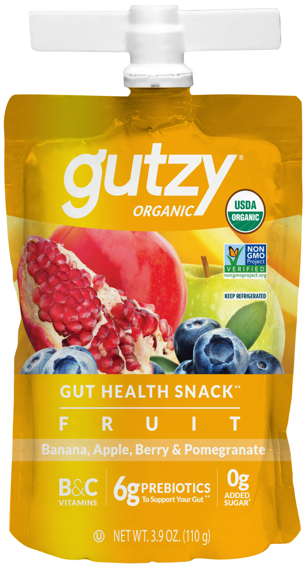 slide 1 of 12, Gutzy Organic Prebiotic Fiber Snack Banana, Apple, Berry and Pomegranate, 3.9 oz, 3.9 oz
