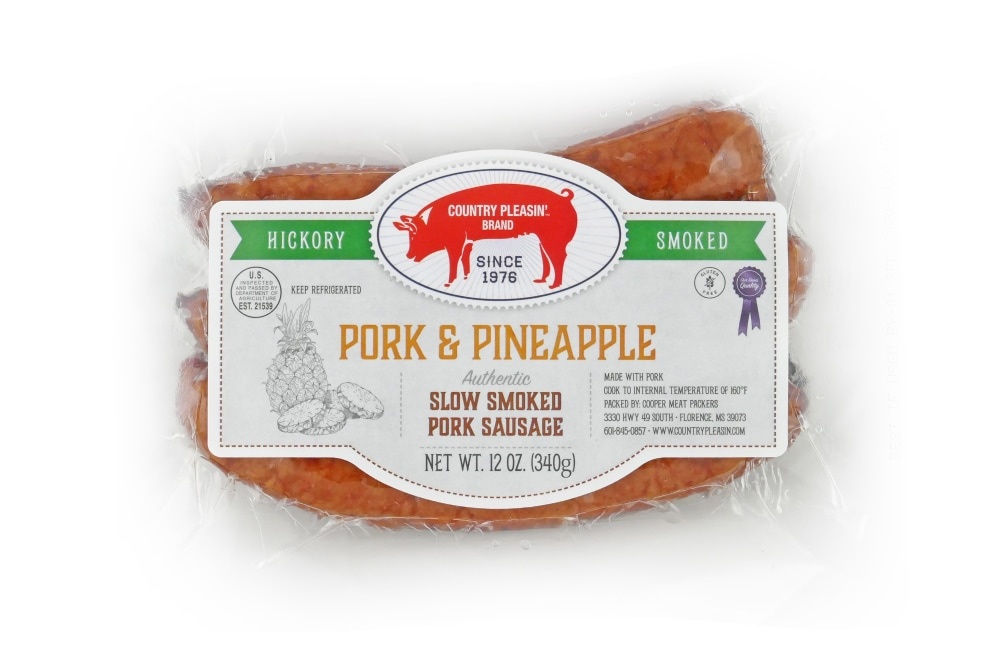 slide 1 of 1, Country Pleasin' Poek And Pineapple Smoked Sausage, 12 oz