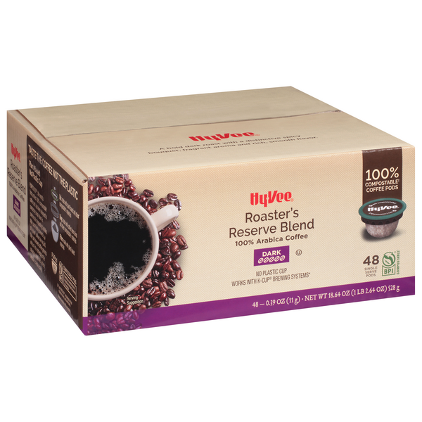 slide 1 of 1, Hy-Vee Roaster's Reserve Blend Dark Roast 100% Arabica Coffee Single Serve Pods - 48 ct, 48 ct