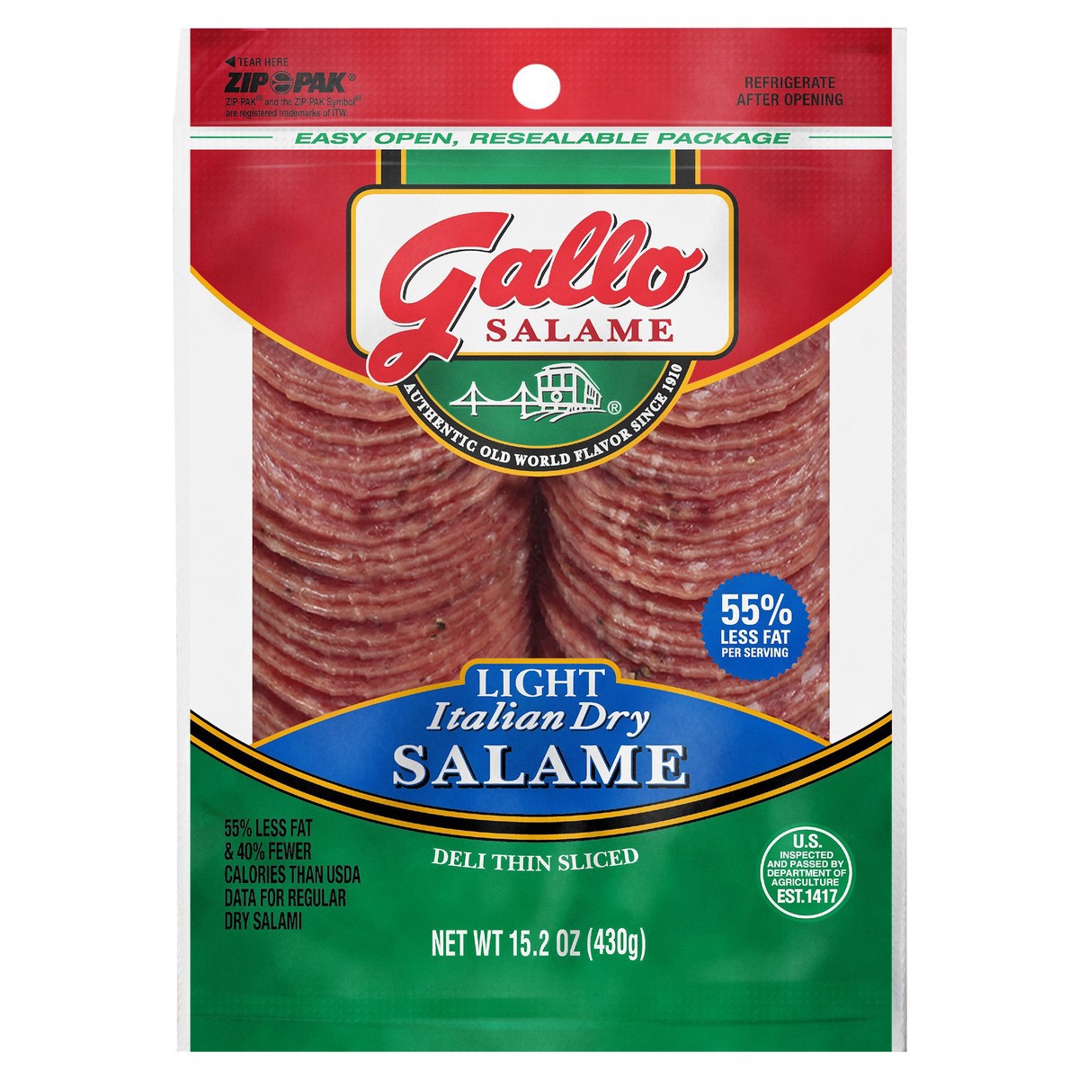slide 1 of 6, Gallo Salame Deli Thin Sliced Light Italian Dry Salame, 15.2 oz., 