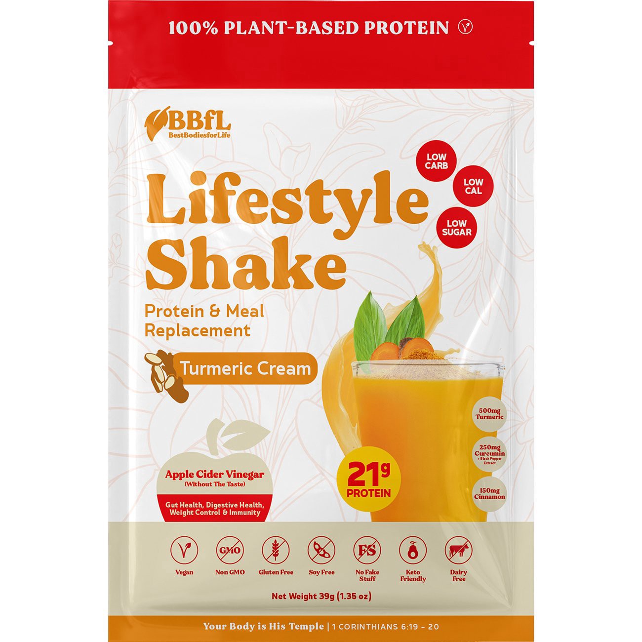 slide 1 of 1, BestBodiesforLife 21g Plant-Based Protein & Meal Replacement Lifestyle Shake Packet - Turmeric Cream, 1 ct
