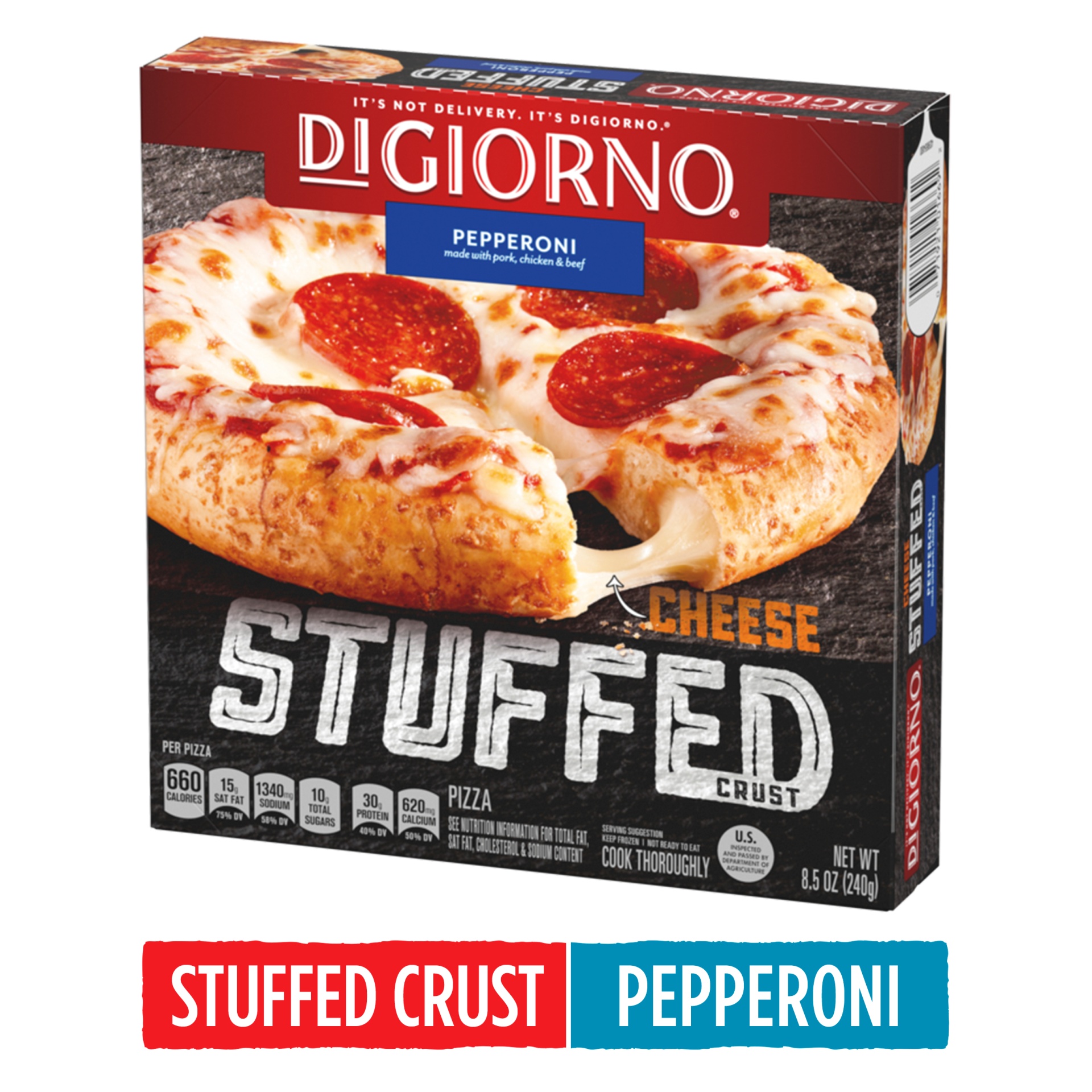 slide 1 of 12, DIGIORNO Pepperoni Frozen Pizza on a Stuffed Crust Personal Pizza, 8.5 oz