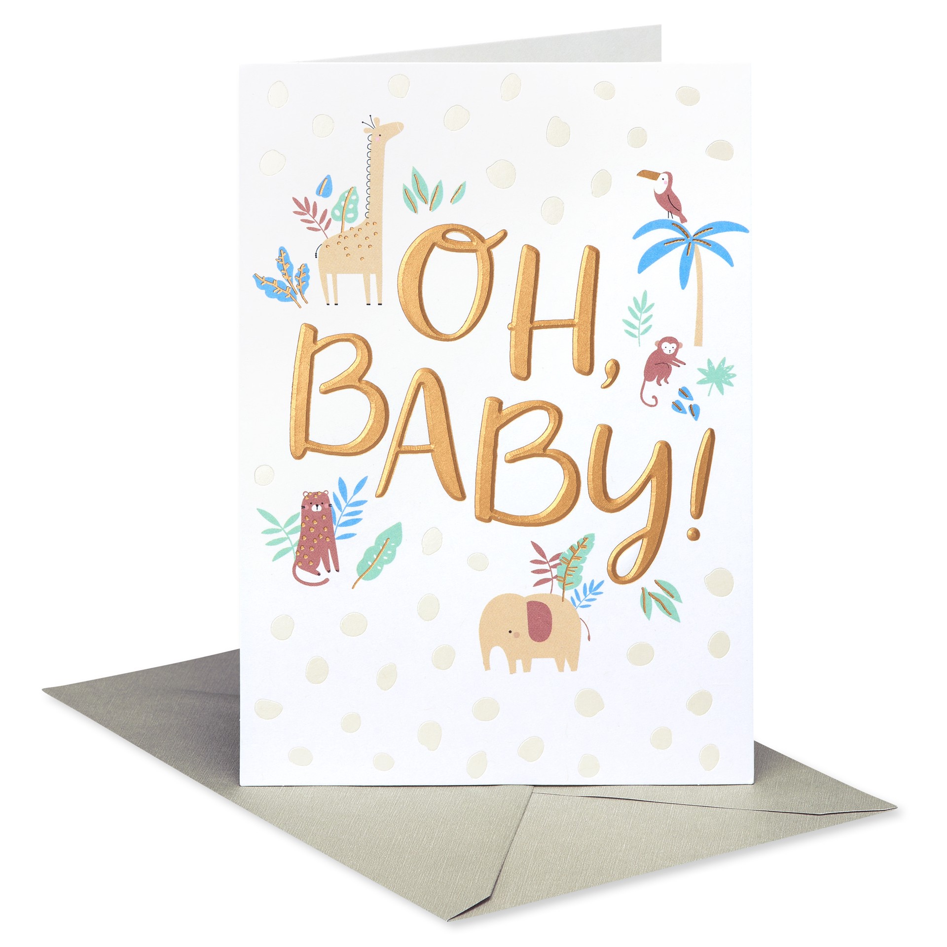 slide 1 of 9, American Greetings Cute overload! This Baby Congrats card is too precious for words! The design features a collection of sweet baby animals in a whimsical jungle scene, illustrated in a clean, simple style, with soft, muted colors and white hot stamp embellishments. A short but sweet message completes this charming design. Celebrate the big news with this delightful little Baby Congrats card!, 1 ct