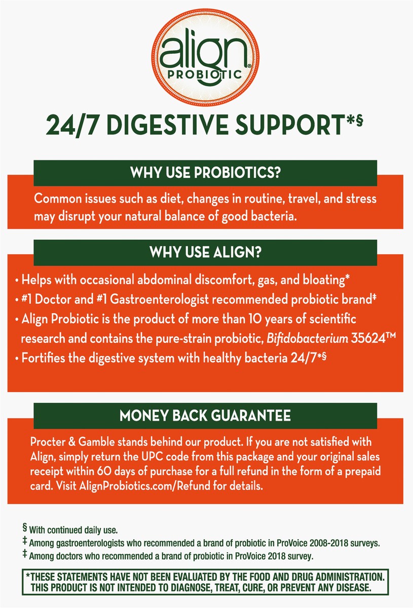 slide 3 of 3, Align Probiotic, Probiotics for Women and Men, Daily Probiotic Supplement for Digestive Health*, #1 Recommended Probiotic by Doctors and Gastroenterologists‡, 14 Capsules, 14 ct