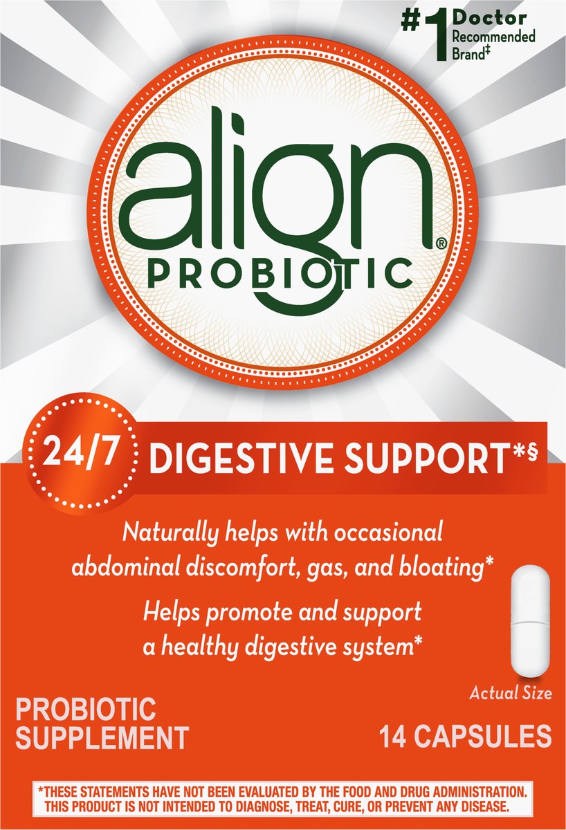 slide 3 of 3, Align Probiotic, Probiotics for Women and Men, Daily Probiotic Supplement for Digestive Health*, #1 Recommended Probiotic by Doctors and Gastroenterologists‡, 14 Capsules, 14 ct