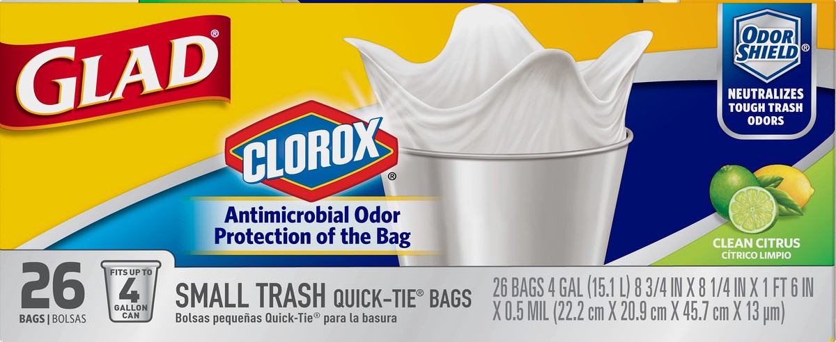 slide 2 of 6, Glad 4 Gallon Small Clorox Quick-Tie Clean Citrus Trash Bags 26 ea, 26 ct