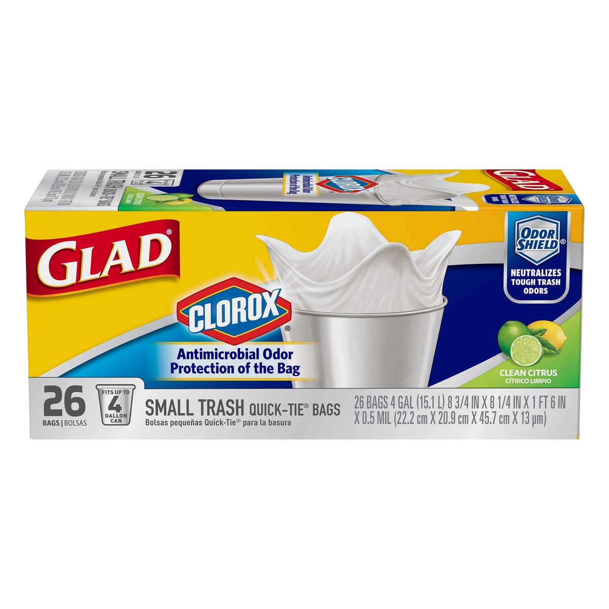 slide 6 of 6, Glad 4 Gallon Small Clorox Quick-Tie Clean Citrus Trash Bags 26 ea, 26 ct