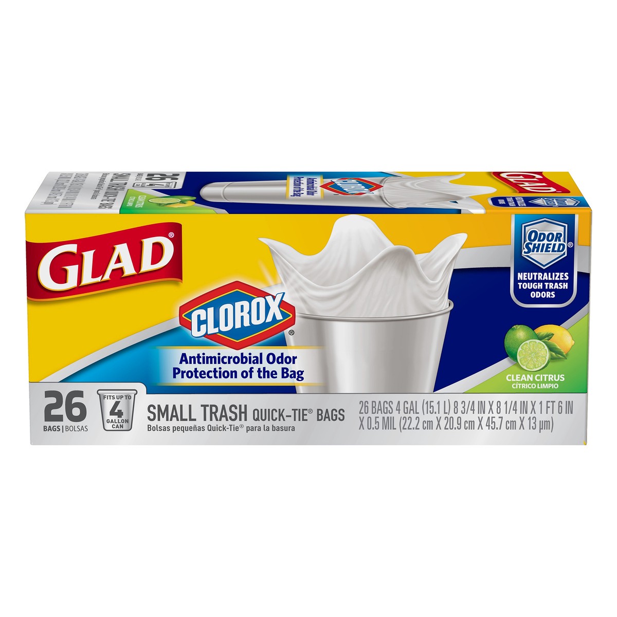 slide 1 of 6, Glad 4 Gallon Small Clorox Quick-Tie Clean Citrus Trash Bags 26 ea, 26 ct