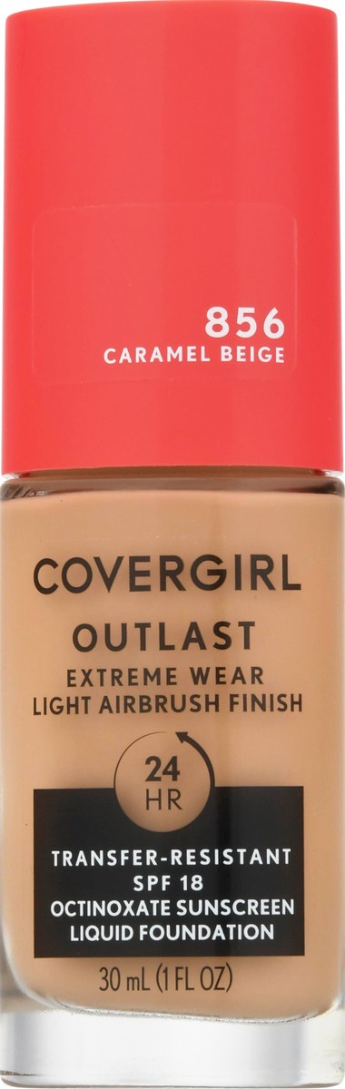 slide 3 of 11, Covergirl Outlast SPF 18 Caramel Beige 856 Octinoxate Sunscreen Liquid Foundation 1 fl oz, 1 ct