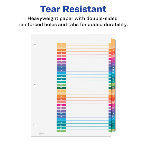 slide 5 of 8, Avery Ready Index 20% Recycled Table Of Contents Dividers, 1-31 Tab, Multicolor, 1 ct