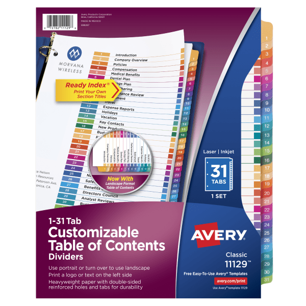 slide 1 of 7, Avery Ready Index 20% Recycled Table Of Contents Dividers, 1-31 Tab, Multicolor, 1 ct