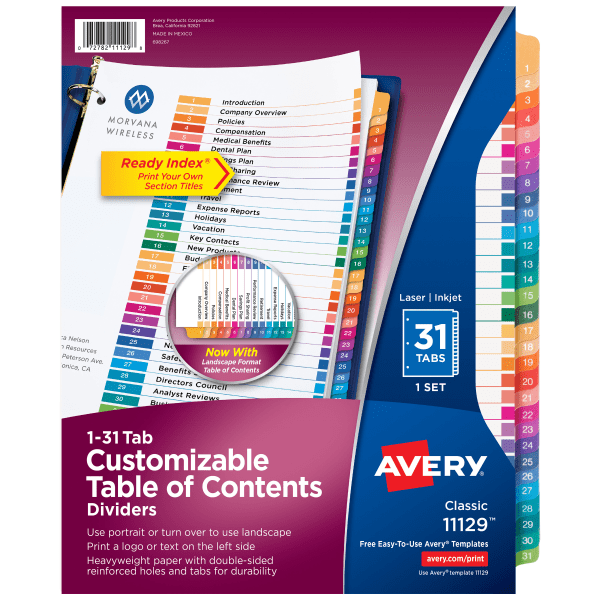 slide 1 of 8, Avery Ready Index 20% Recycled Table Of Contents Dividers, 1-31 Tab, Multicolor, 1 ct