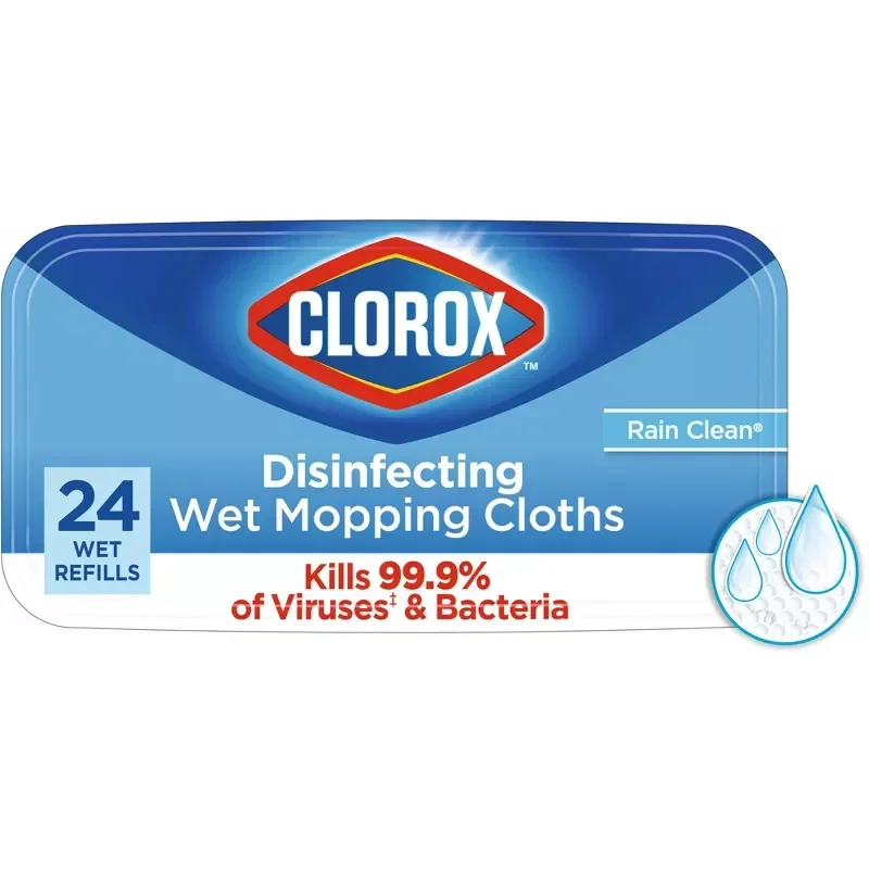 slide 1 of 9, Clorox Rain Clean Scent Bleach Free Disinfecting Wet Mopping Pad Refills, 24 ct