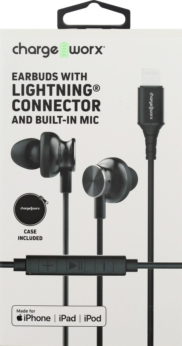 slide 6 of 10, Chargeworx Black Lightning Connector Earbuds with Built-In Mic, 1 ct