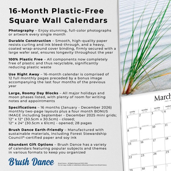 slide 2 of 9, 2026 Brush Dance Simplicity Monthly Plastic-Free Square Wall Calendar, 12"" x 12"", Inspiration, January to December 2026, 9798330705627, 1 ct