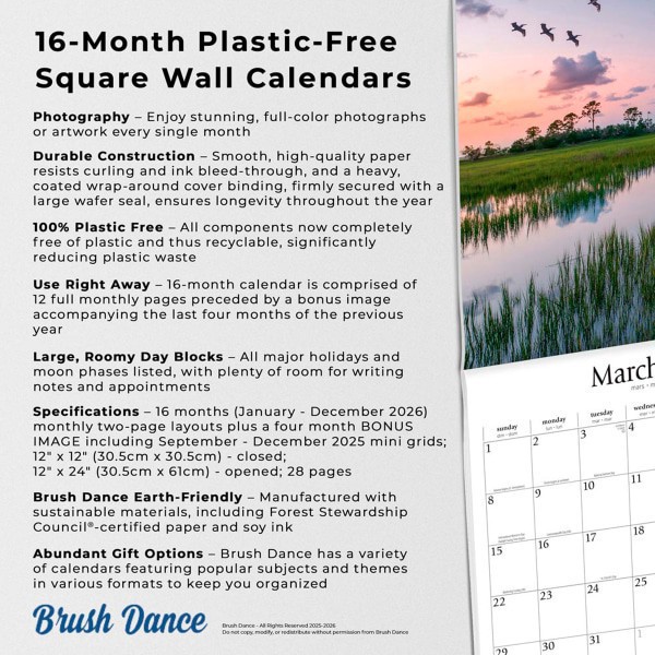 slide 2 of 9, 2026 Brush Dance Tranquility Monthly Plastic-Free Square Wall Calendar, 12"" x 12"", Inspiration, January to December 2026, 9798330705962, 1 ct