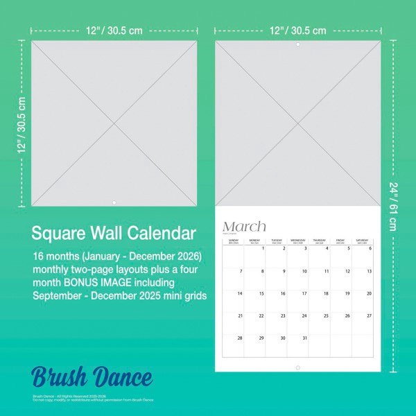 slide 8 of 9, 2026 Brush Dance Tranquility Monthly Plastic-Free Square Wall Calendar, 12"" x 12"", Inspiration, January to December 2026, 9798330705962, 1 ct