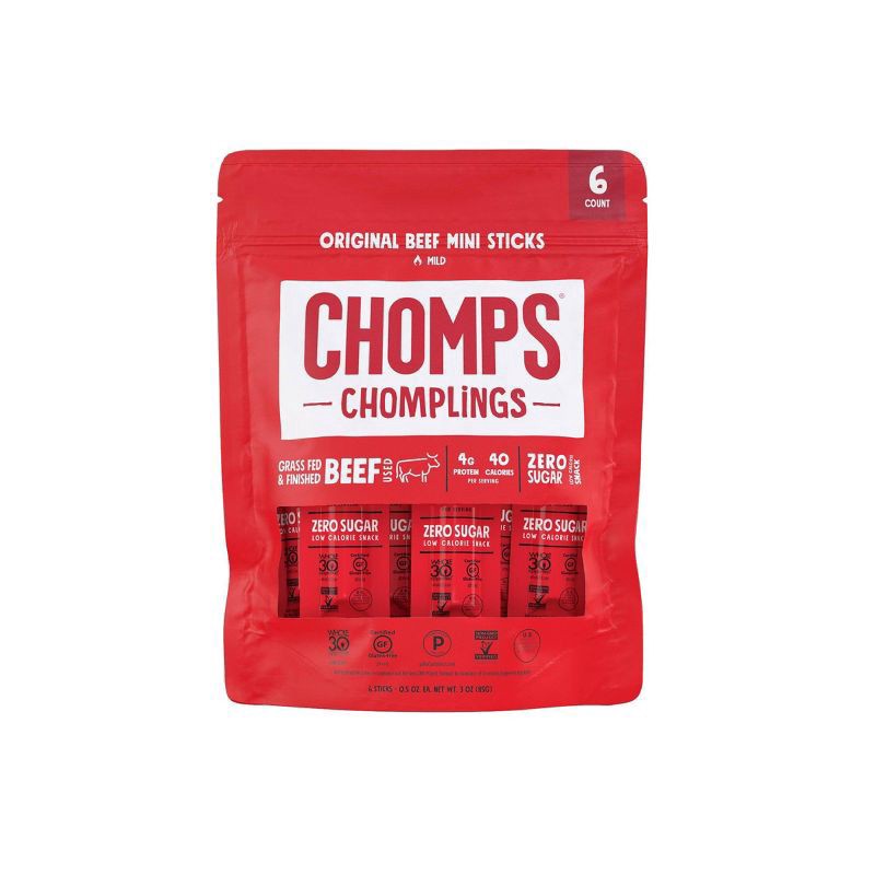 slide 1 of 13, Chomps Mini Grass-Fed and Finished Original Beef Chomplings 6 Pack, 0.5oz Sticks, 1 ct