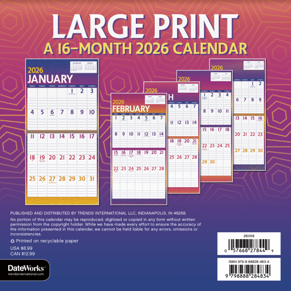 slide 3 of 6, 2026 DateWorks Monthly Mini Calendar, 7"" x 7"", Large Print, January To December, 261016OD, 1 ct