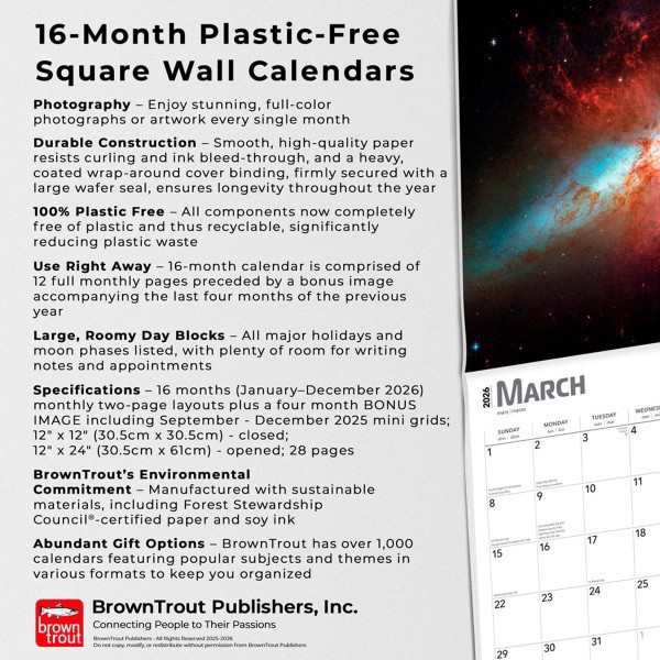 slide 3 of 9, BrownTrout 2026 BrownTrout Astronomy Monthly Plastic-Free Square Wall Calendar, 12"" x 12"", Science and Nature, January to December 2026, 9798330702169, 1 ct