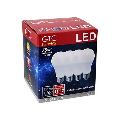 slide 1 of 1, GTC A19 LED 75W Soft White Light Bulbs, 4 ct