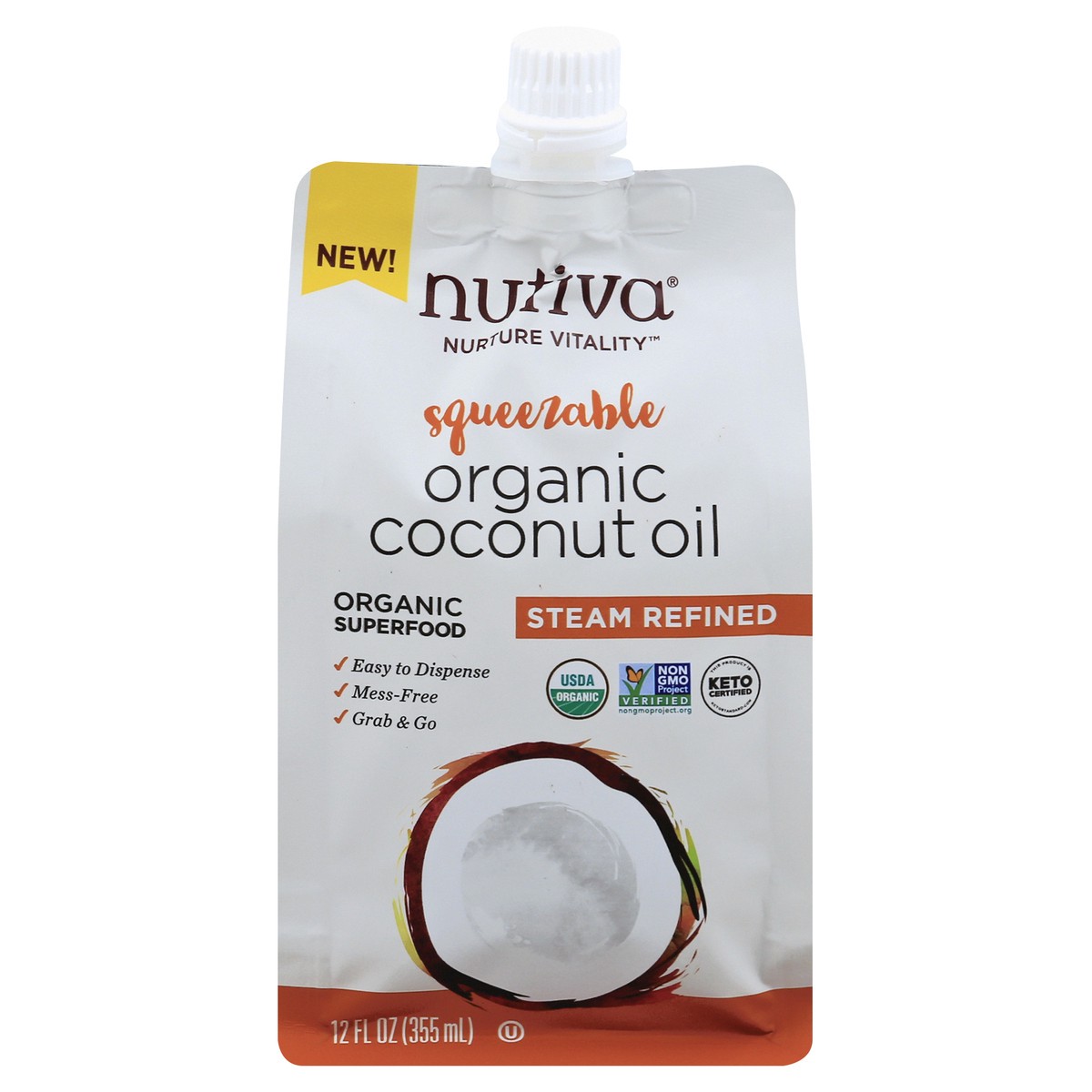 slide 1 of 9, Nutiva Nurture Vitality Organic Steam Refined Squeezable Coconut Oil 12 oz, 12 oz