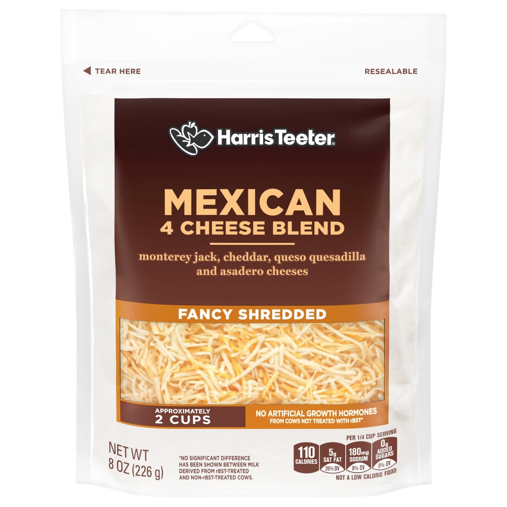 slide 1 of 2, Harris Teeter Fancy Shredded Four Cheese Blend Mexican Cheese, 8 oz