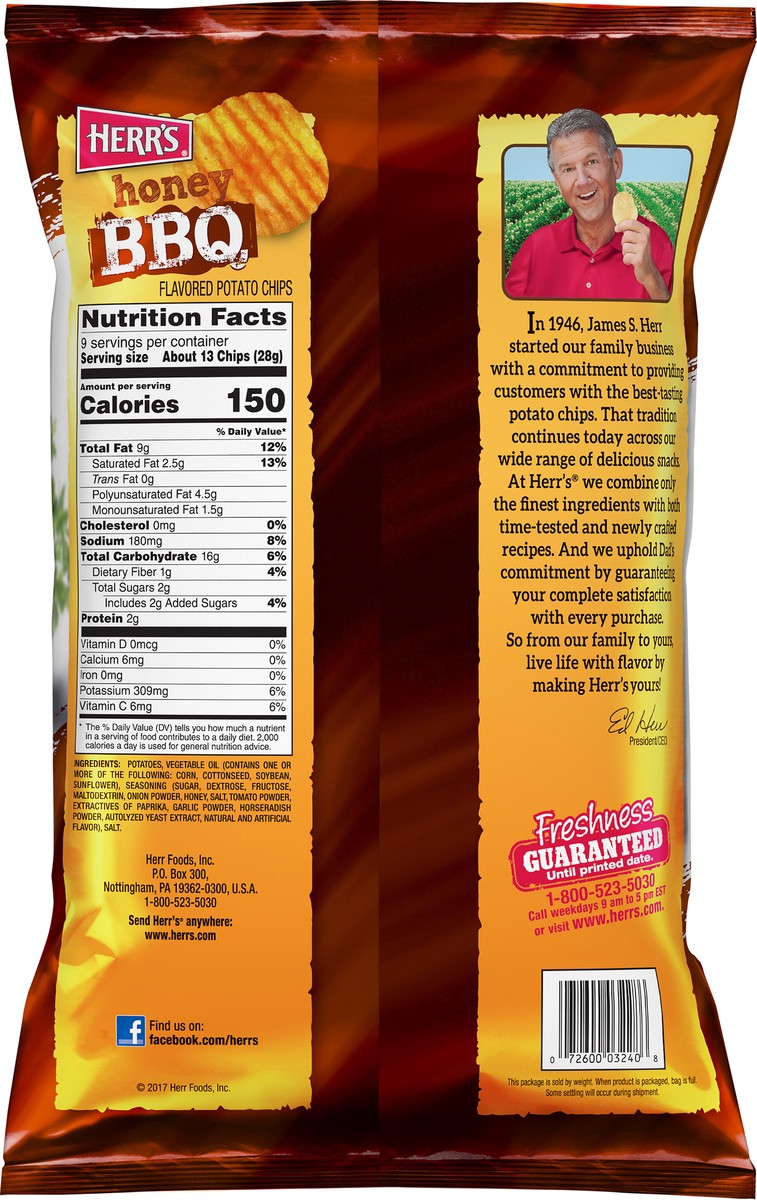 slide 2 of 7, Herr's Honey BBQ Flavored Potato Chips 9 oz Bag, 9 oz