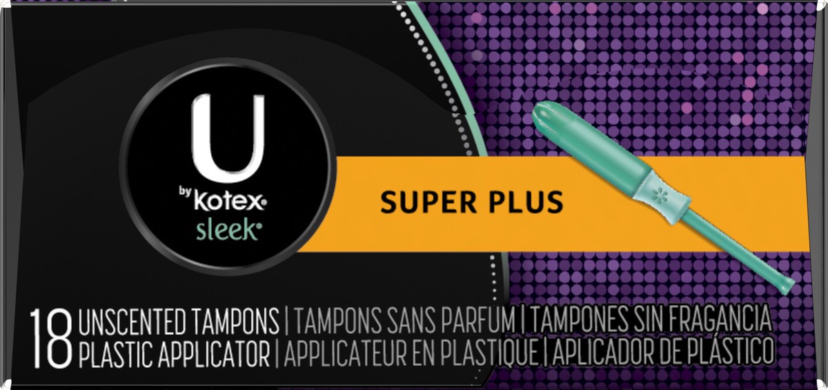 slide 2 of 6, U by Kotex Sleek Tampons Unscented Plastic Applicator Super Plus, 18 ct