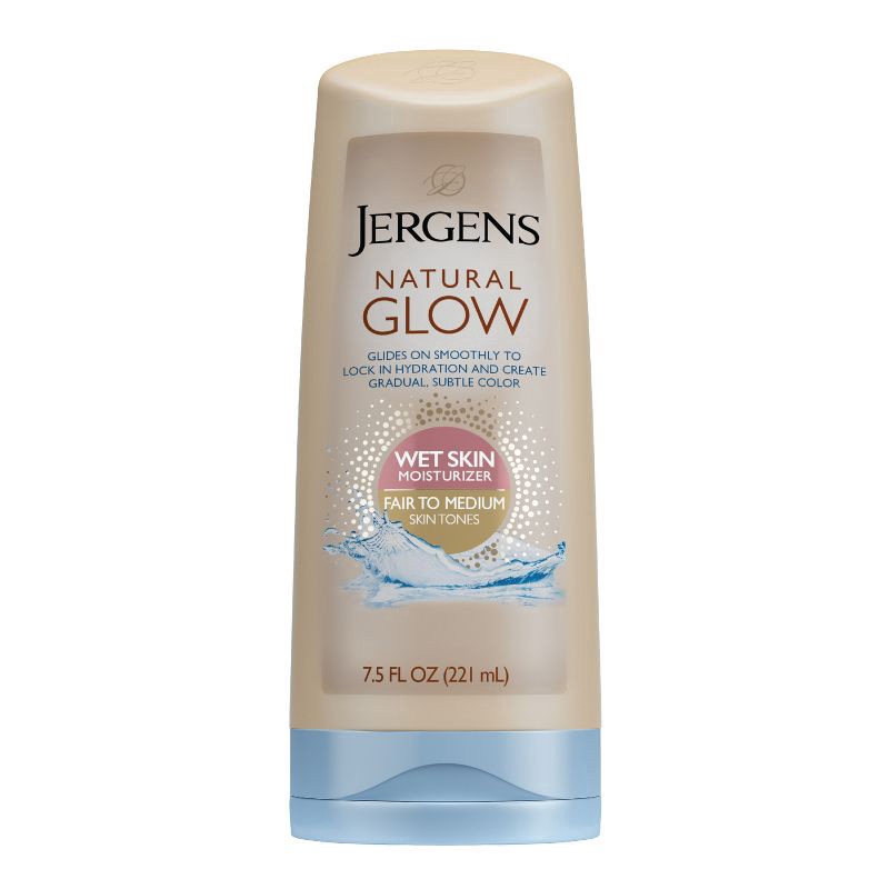 slide 1 of 8, Jergens Natural Glow In-shower Lotion, Self Tanner for Fair to Medium Skin Tone, Wet Skin Lotion, Sunless Tanner Locks in Hydration for Gradual, Flawless Color, 7.5 Oz, 7.5 oz