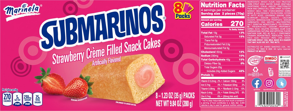 slide 6 of 7, Marinela Submarinos Strawberry Crème Filled Snack Cakes, 8 count, Snack Cakes, 9.84 oz Box, 8 ct