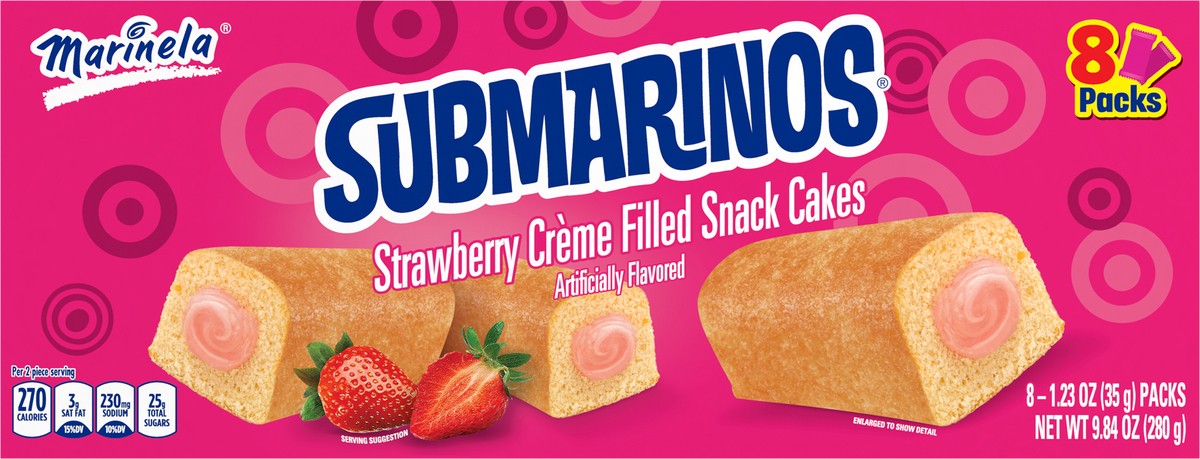 slide 2 of 7, Marinela Submarinos Strawberry Crème Filled Snack Cakes, 8 count, Snack Cakes, 9.84 oz Box, 8 ct