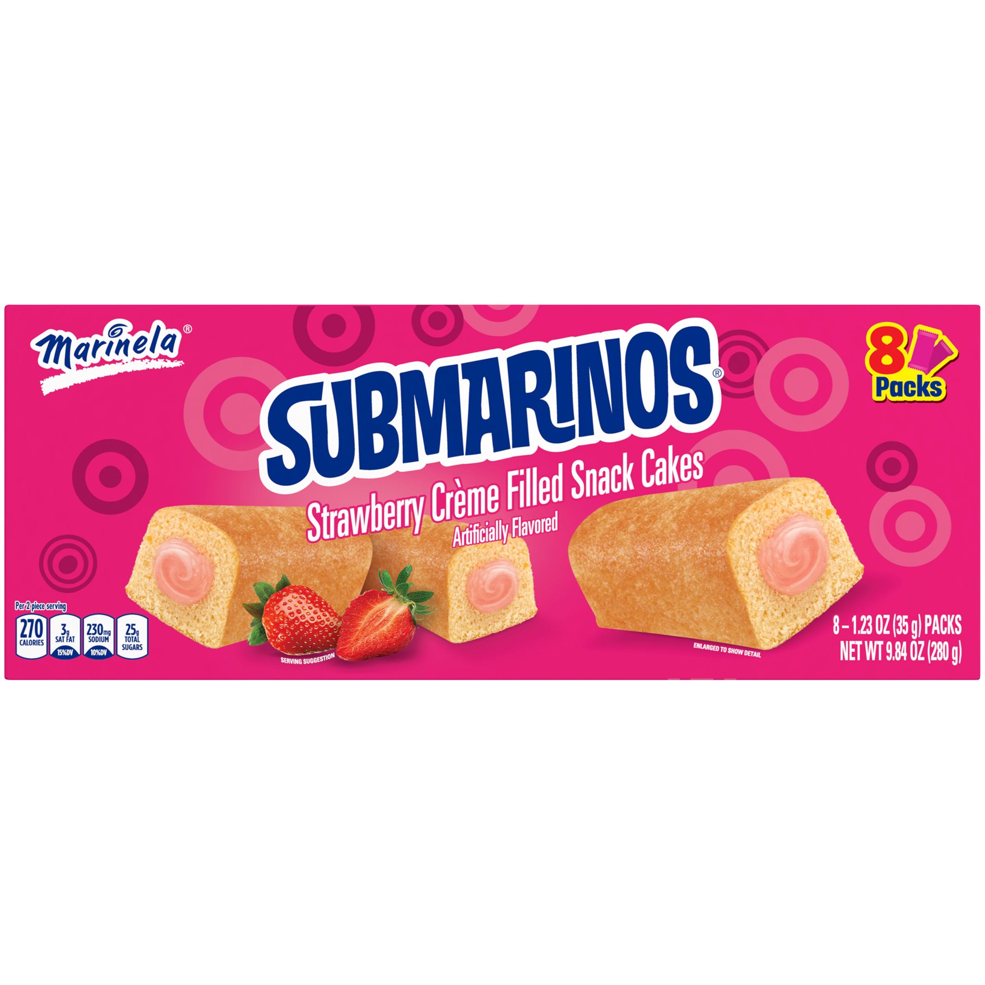 slide 1 of 7, Marinela Submarinos Strawberry Crème Filled Snack Cakes, 8 count, Snack Cakes, 9.84 oz Box, 8 ct