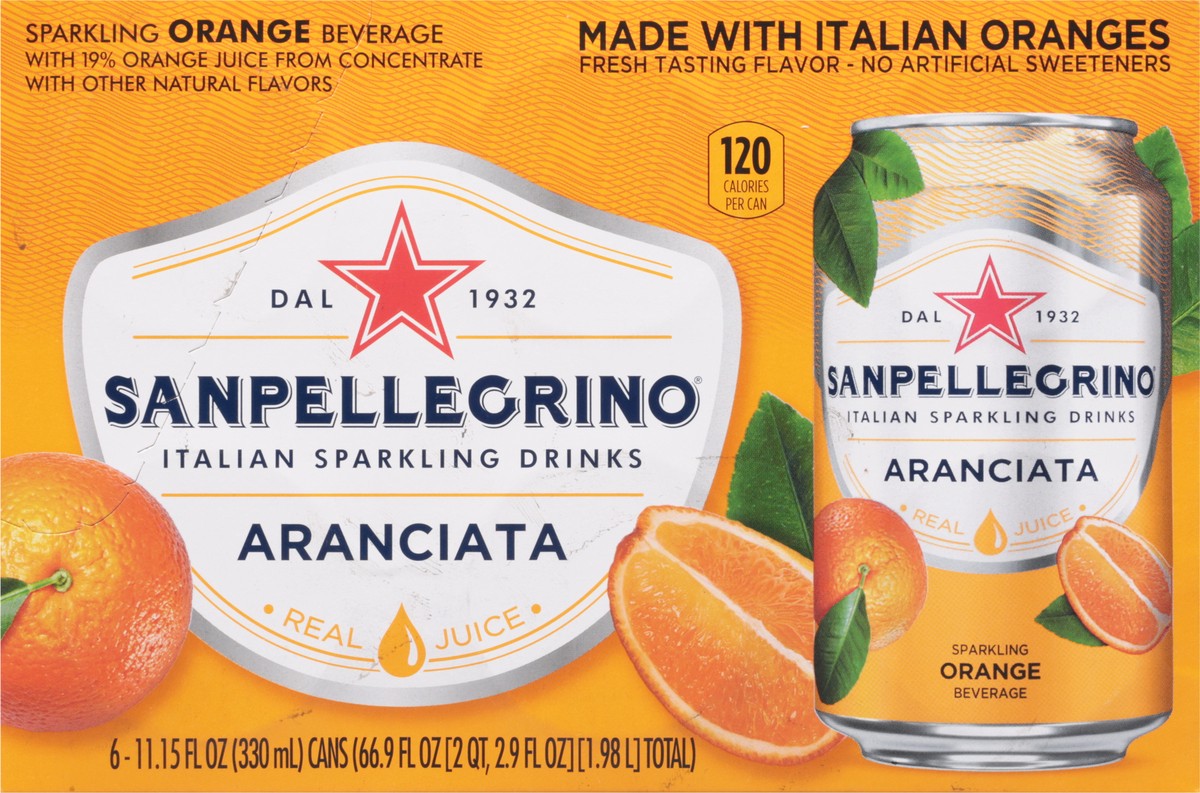 slide 8 of 11, San Pellegrino Italian Sparkling Drink Aranciata Rossa, Sparkling Orange and Blood Orange Beverage, 6 Pack of Cans, 66.9 oz