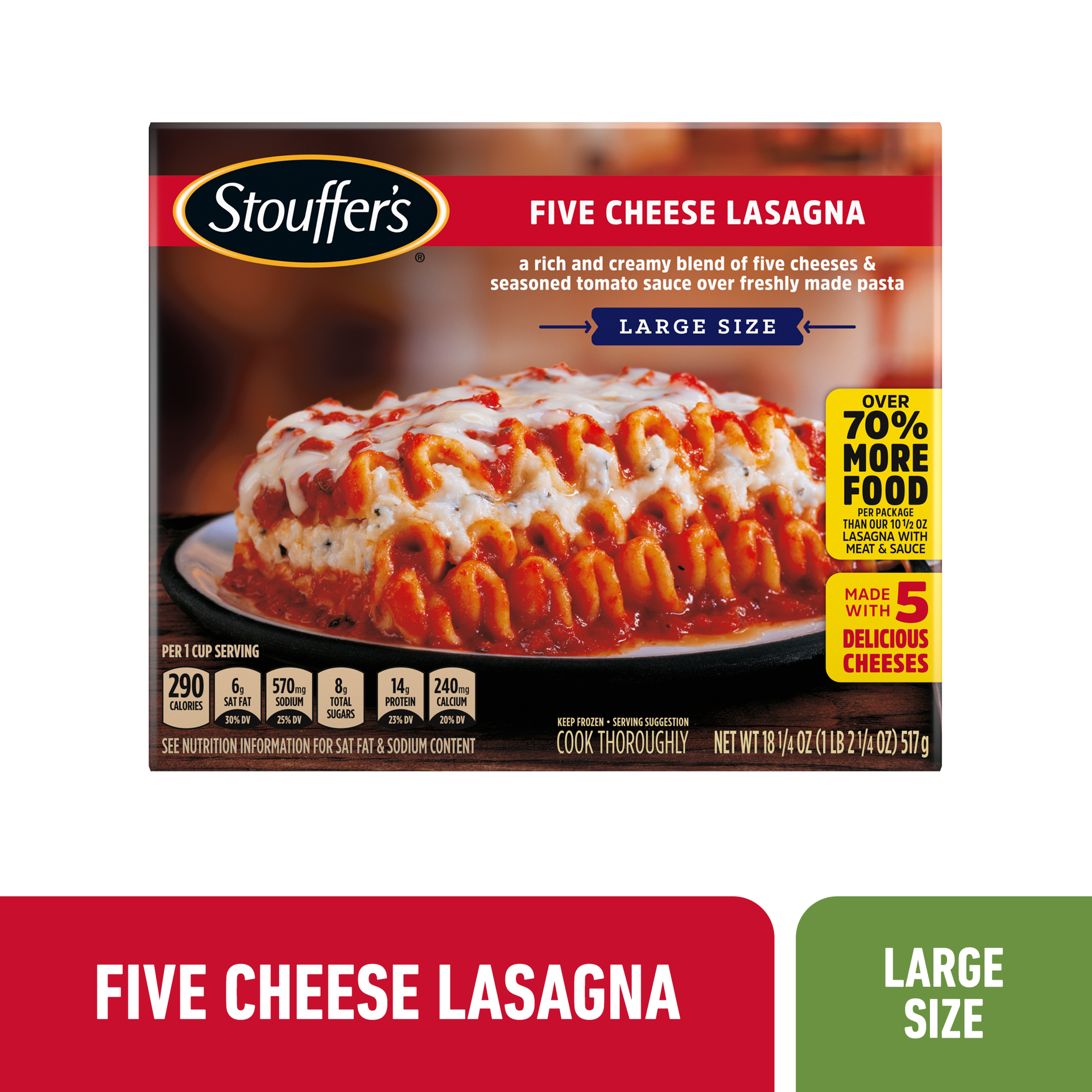 slide 1 of 13, Stouffer's Large Size Five Cheese Lasagna Frozen Meal, 18.25 oz