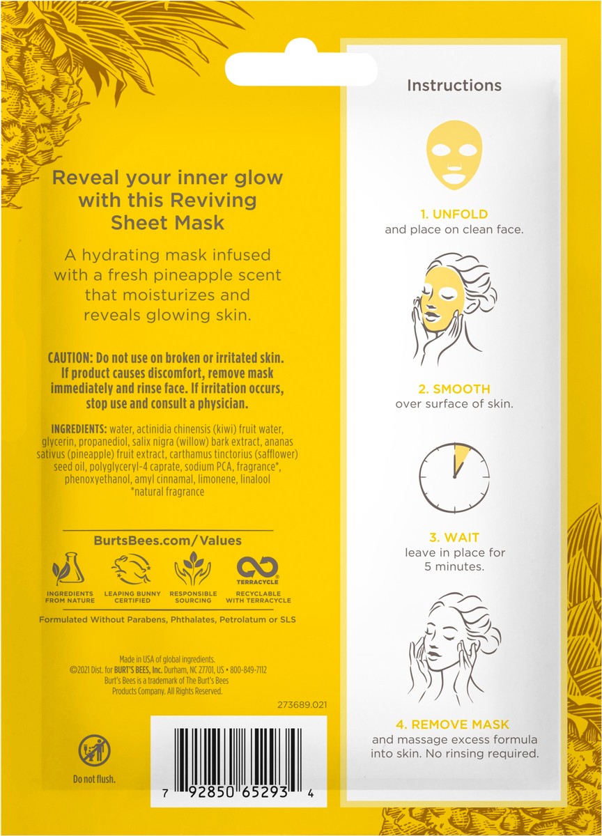 slide 2 of 3, Burt's Bees Burt’s Bees Reviving Sheet Mask with Pineapple, 99% Natural Origin, 1 Single-Use Sheet Mask, 0.33 Ounce, 0.33 oz