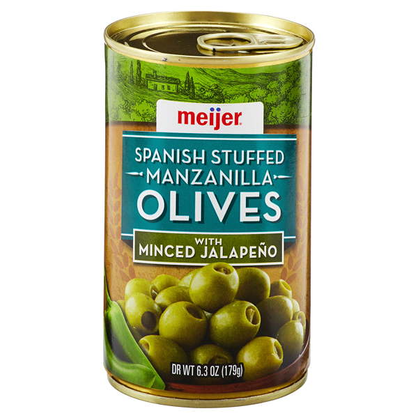 slide 1 of 3, Meijer Spanish Stuffed Manzanilla Oilves with Minced Jalapeno, 6.3 oz